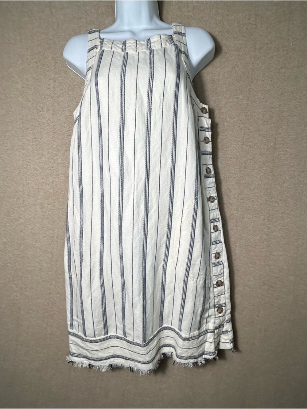 Anthropologie Akemi Kin Claudia Linen Dress Womens 4 Striped Buttons Fringe